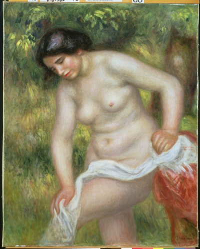 Badende trocknet sich mit einem weißen Tuch ab von Pierre Auguste Renoir